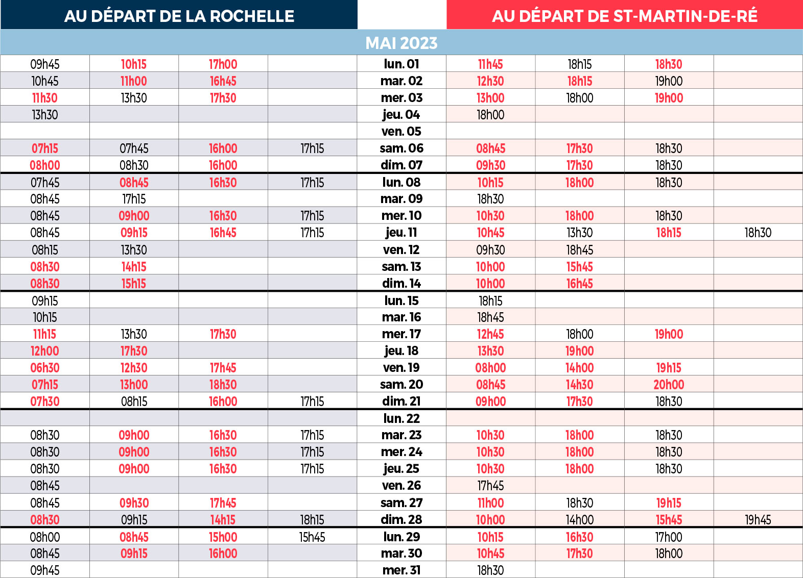 horaires navette maritime mai